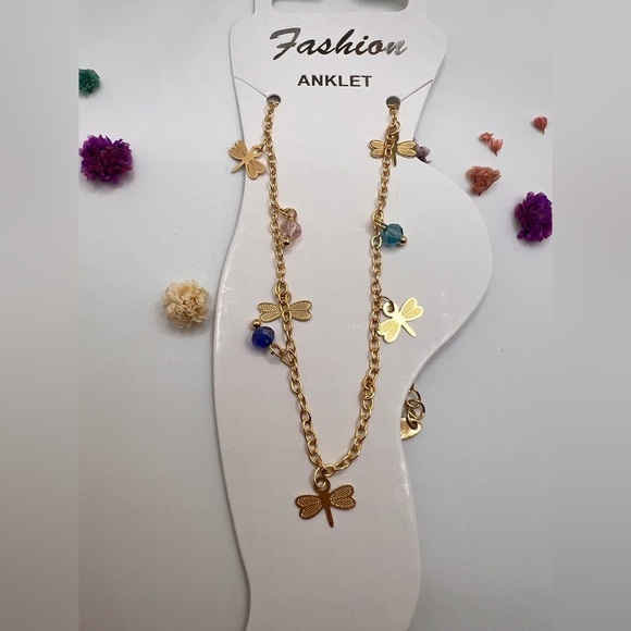 18k. Gold filled Dragonfly Anklet with Blue Accents. - Picture 3 of 9